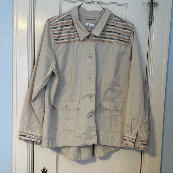Denim & Co Jacket Khaki Denim with Embroidered Yolk & Cuffs Front Pockets SizeXL - Picture 2 of 9